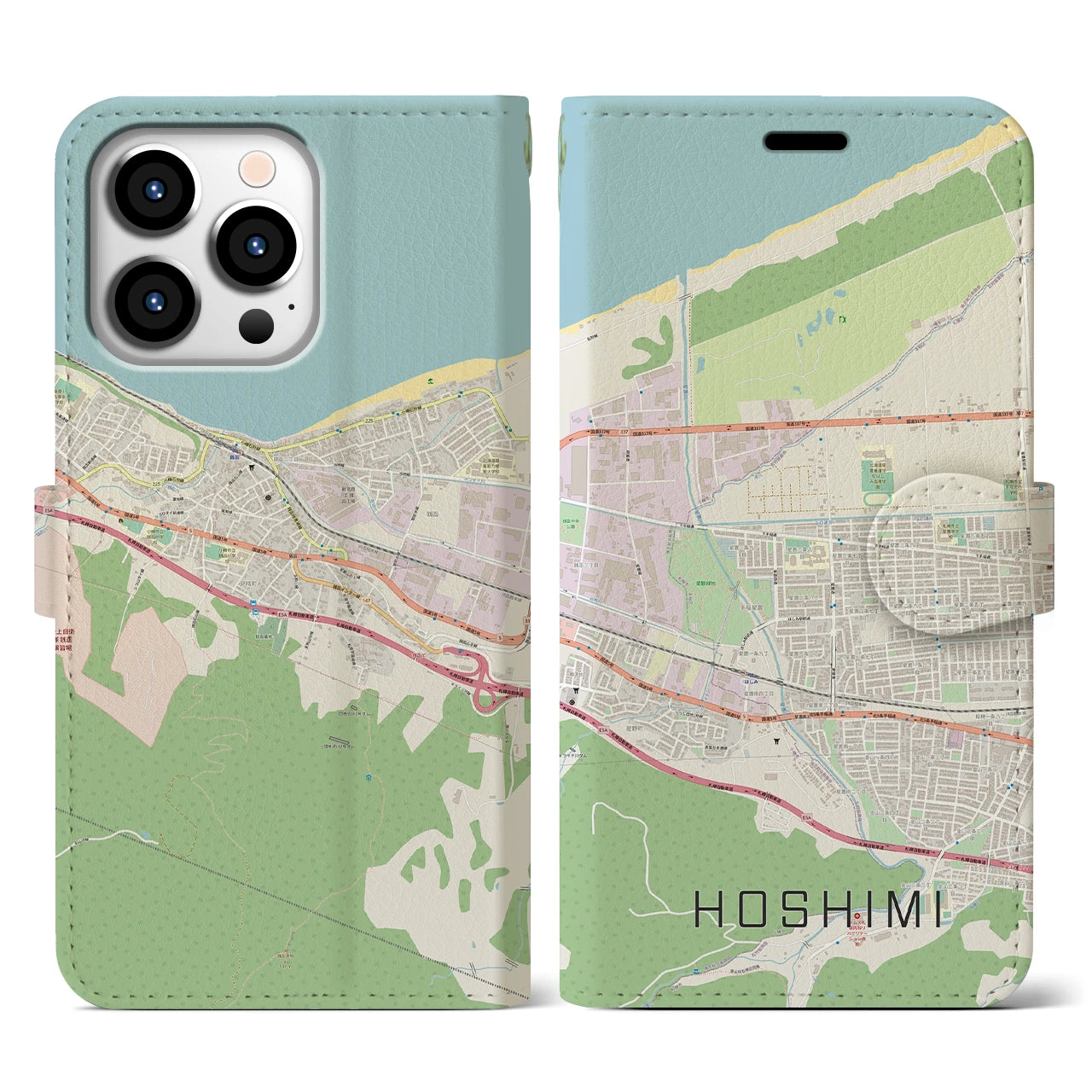 【ほしみ(北海道)】地図柄iPhoneケース(手帳タイプ)ナチュラル・iPhone 13 Pro 用