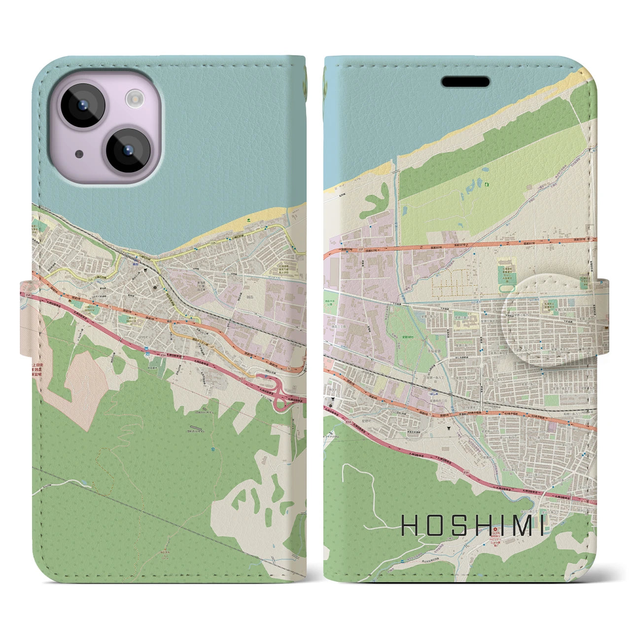 【ほしみ(北海道)】地図柄iPhoneケース(手帳タイプ)ナチュラル・iPhone 14 用