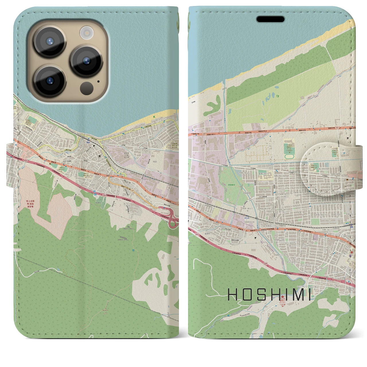 【ほしみ(北海道)】地図柄iPhoneケース(手帳タイプ)ナチュラル・iPhone 14 Pro Max 用