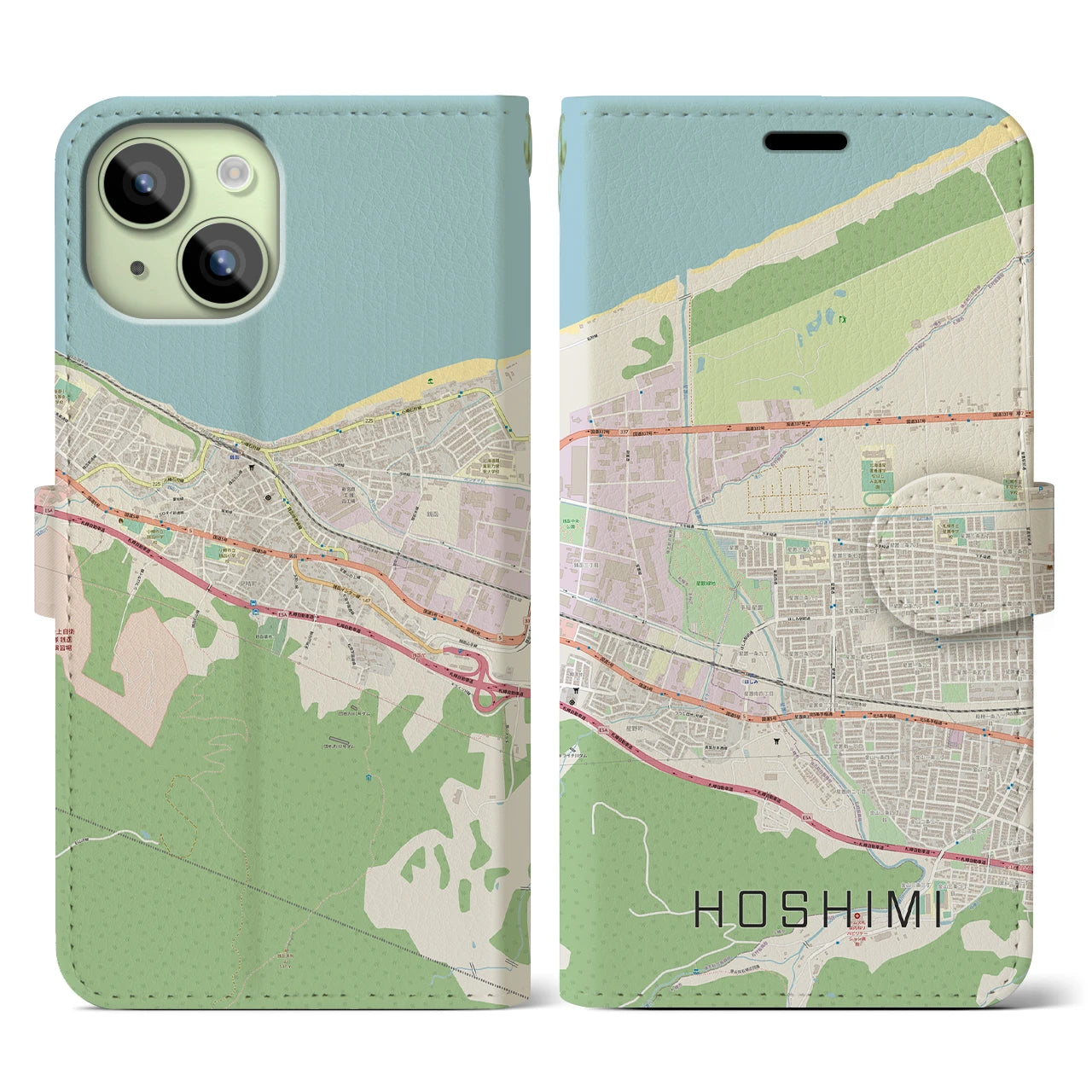 【ほしみ(北海道)】地図柄iPhoneケース(手帳タイプ)ナチュラル・iPhone 15 用
