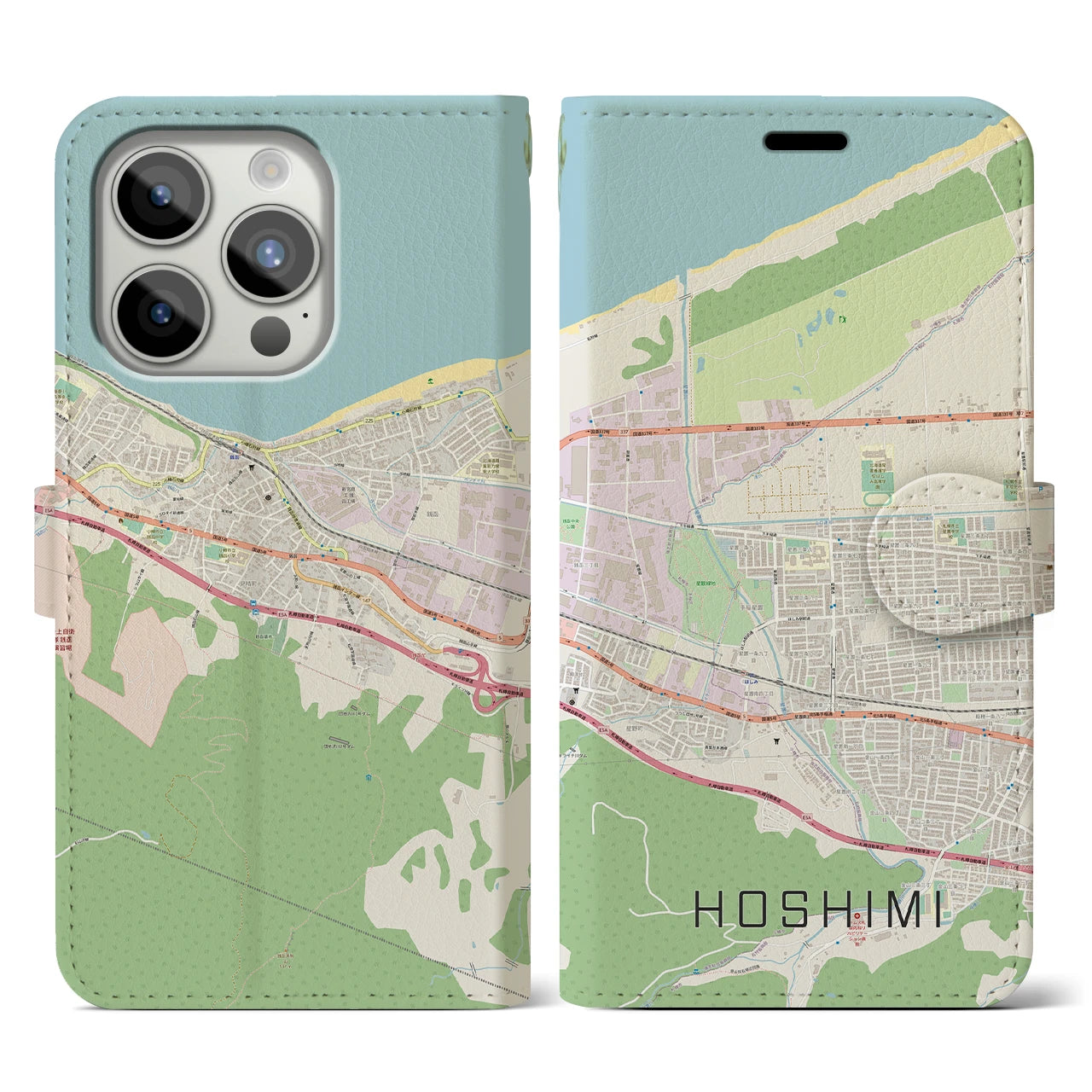 【ほしみ(北海道)】地図柄iPhoneケース(手帳タイプ)ナチュラル・iPhone 15 Pro 用