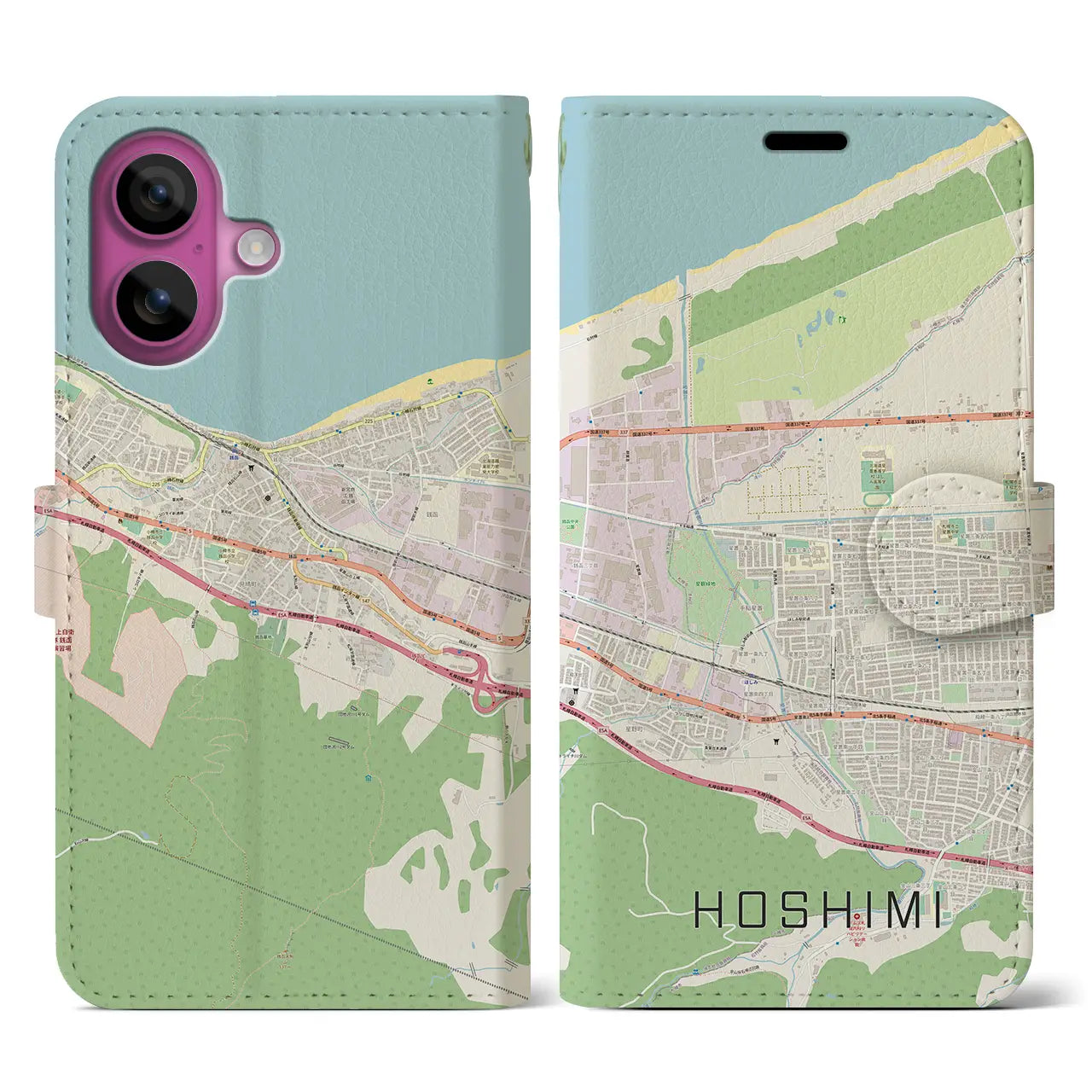 【ほしみ(北海道)】地図柄iPhoneケース(手帳タイプ)ナチュラル・iPhone 16 Pro 用