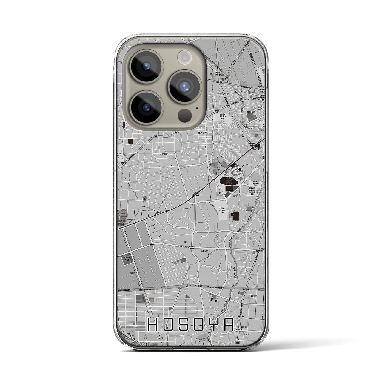 【細谷(群馬県)】地図柄iPhoneケース(クリアタイプ)モノトーン・iPhone 15 Pro 用