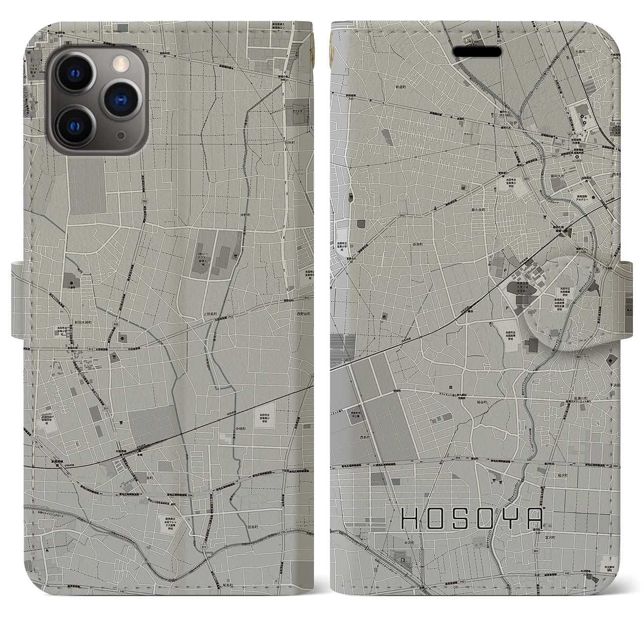 【細谷(群馬県)】地図柄iPhoneケース(手帳タイプ)モノトーン・iPhone 11 Pro Max 用