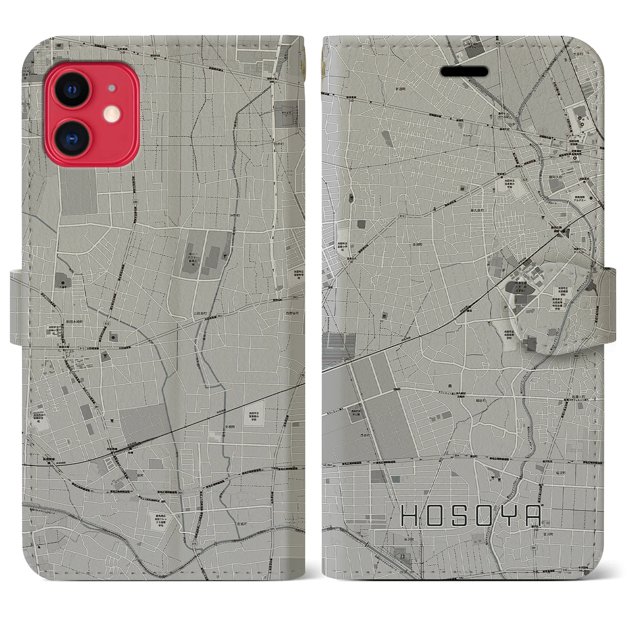 【細谷(群馬県)】地図柄iPhoneケース(手帳タイプ)モノトーン・iPhone 11 用