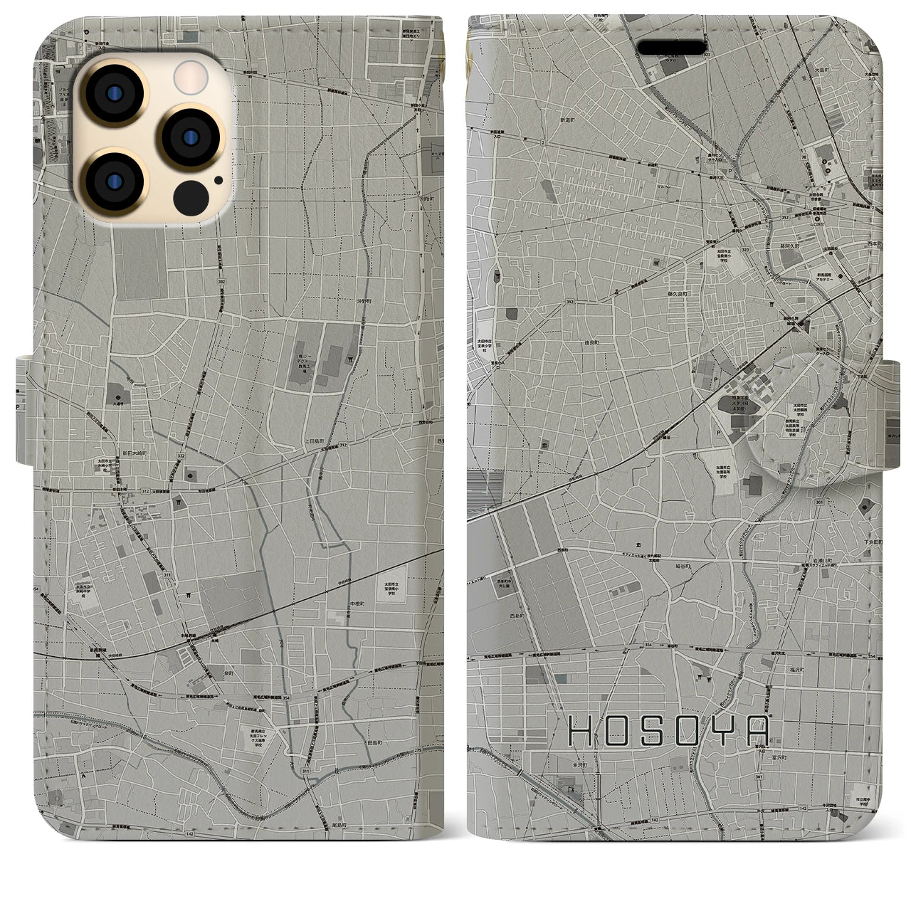 【細谷(群馬県)】地図柄iPhoneケース(手帳タイプ)モノトーン・iPhone 12 Pro Max 用