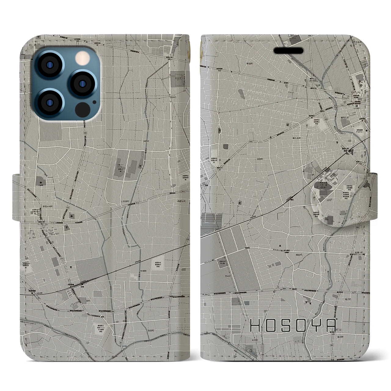 【細谷(群馬県)】地図柄iPhoneケース(手帳タイプ)モノトーン・iPhone 12 / 12 Pro 用