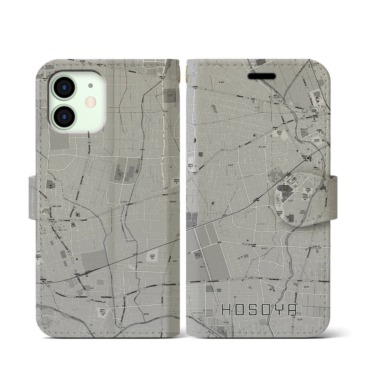 【細谷(群馬県)】地図柄iPhoneケース(手帳タイプ)モノトーン・iPhone 12 mini 用