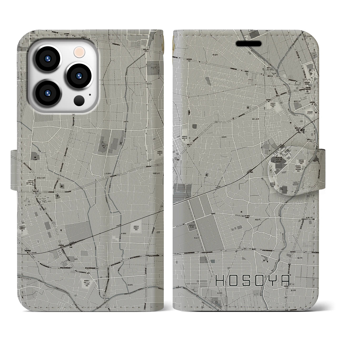 【細谷(群馬県)】地図柄iPhoneケース(手帳タイプ)モノトーン・iPhone 13 Pro 用