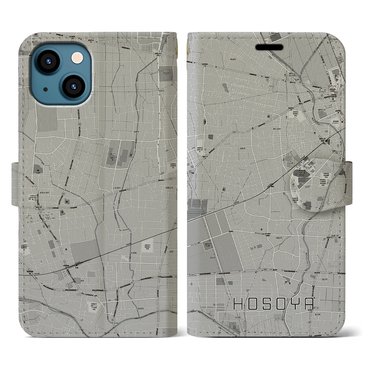 【細谷(群馬県)】地図柄iPhoneケース(手帳タイプ)モノトーン・iPhone 13 用