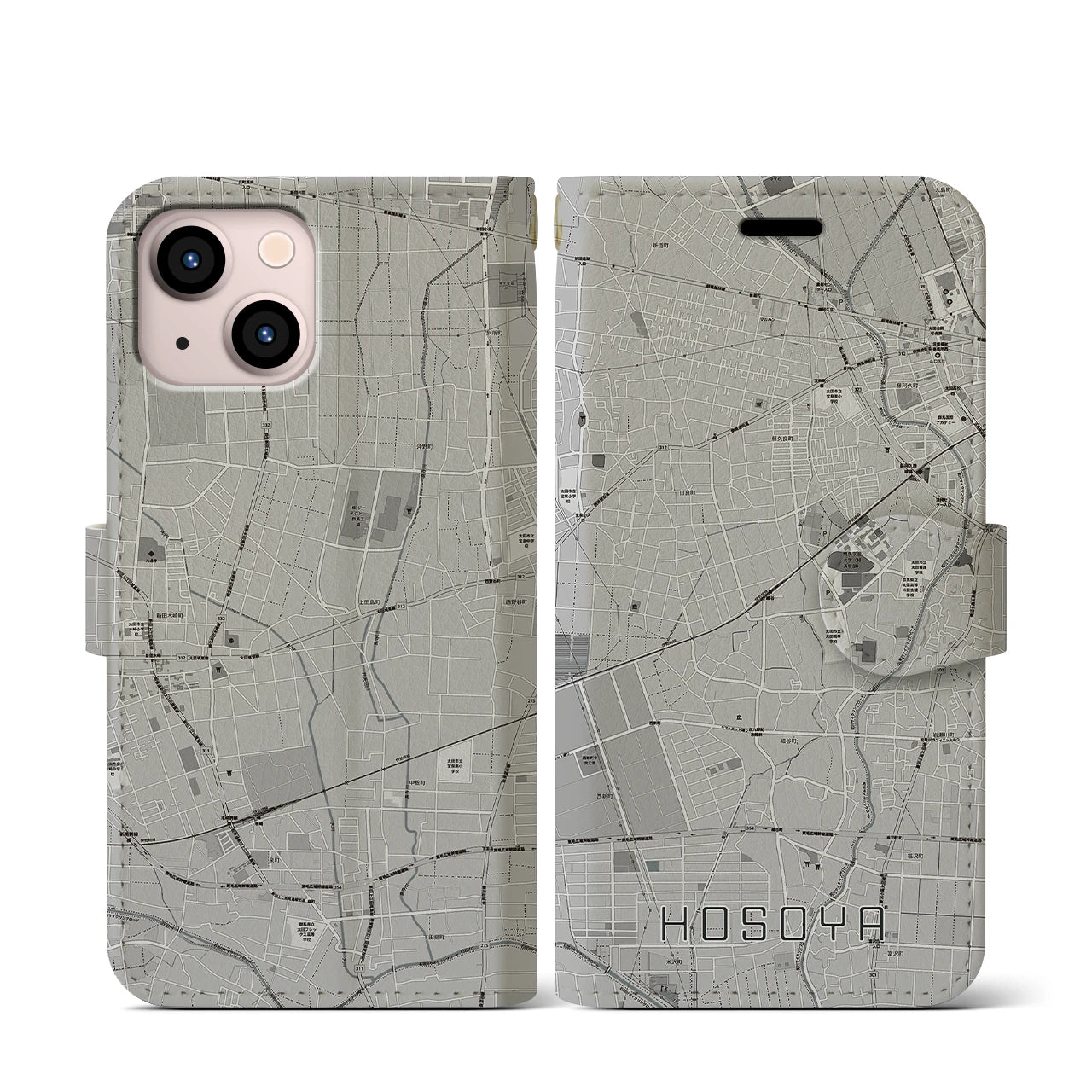【細谷(群馬県)】地図柄iPhoneケース(手帳タイプ)モノトーン・iPhone 13 mini 用