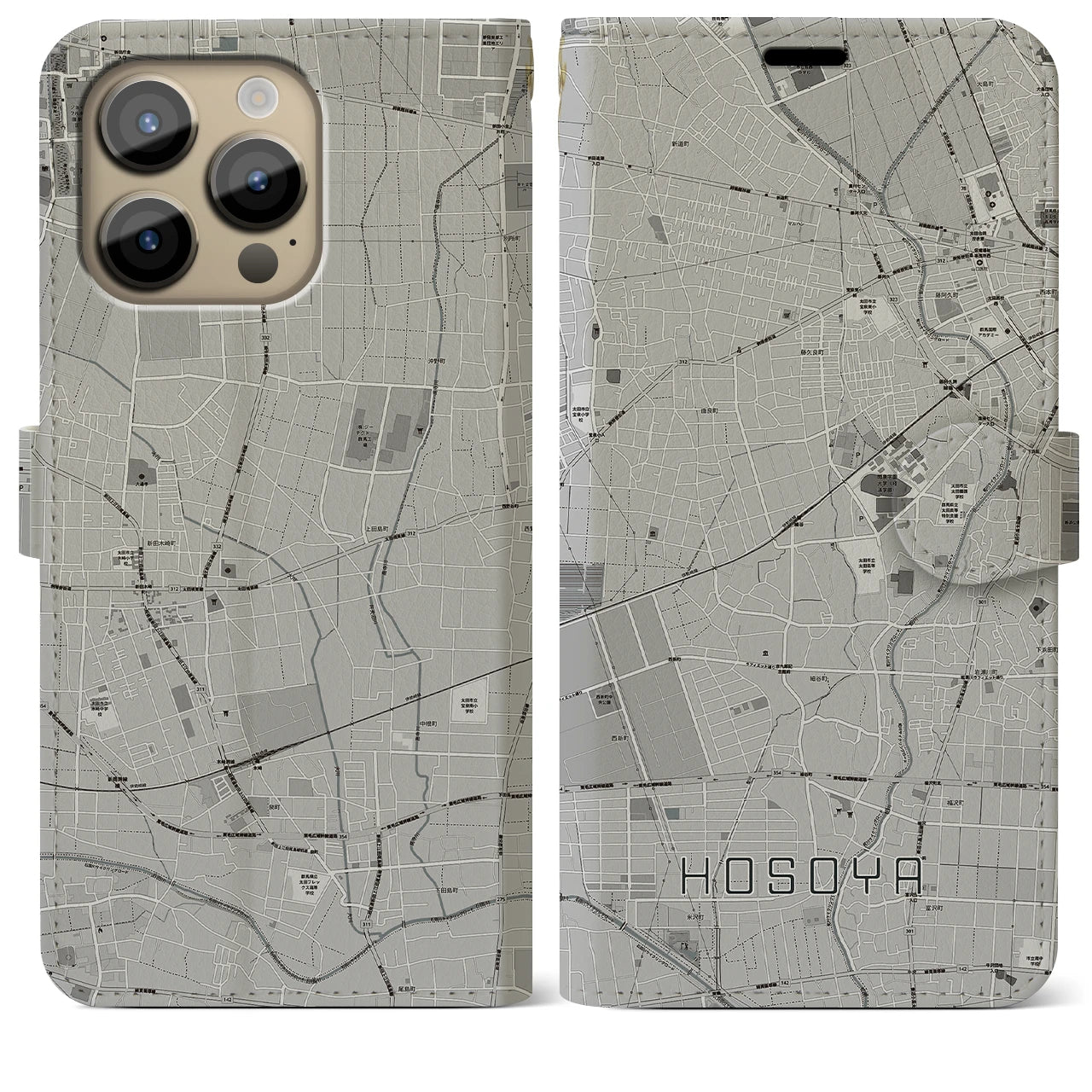 【細谷(群馬県)】地図柄iPhoneケース(手帳タイプ)モノトーン・iPhone 14 Pro Max 用