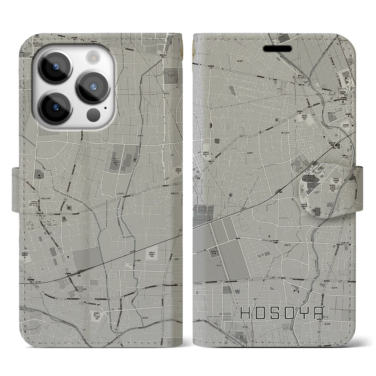 【細谷(群馬県)】地図柄iPhoneケース(手帳タイプ)モノトーン・iPhone 14 Pro 用