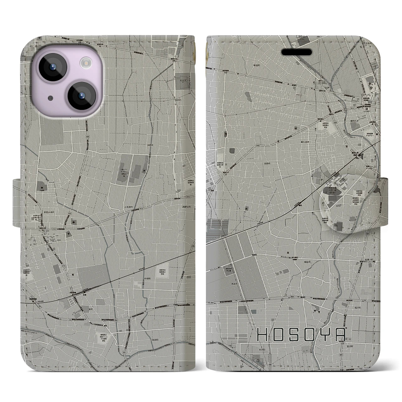 【細谷(群馬県)】地図柄iPhoneケース(手帳タイプ)モノトーン・iPhone 14 用