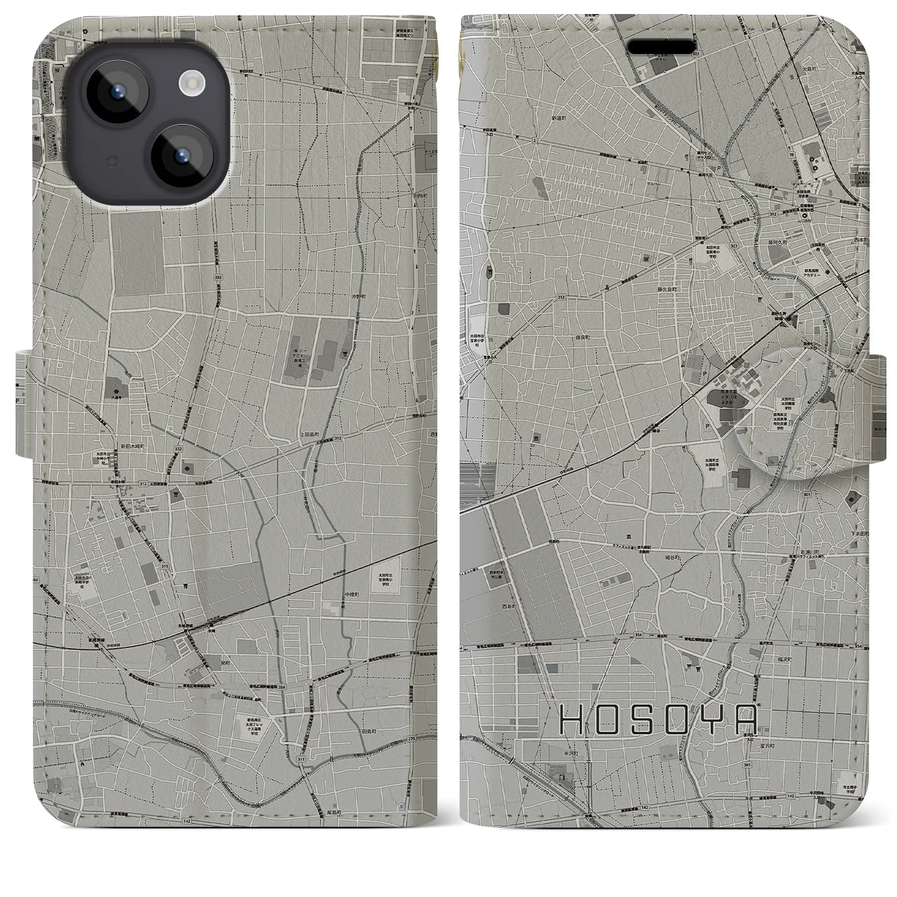 【細谷(群馬県)】地図柄iPhoneケース(手帳タイプ)モノトーン・iPhone 14 Plus 用