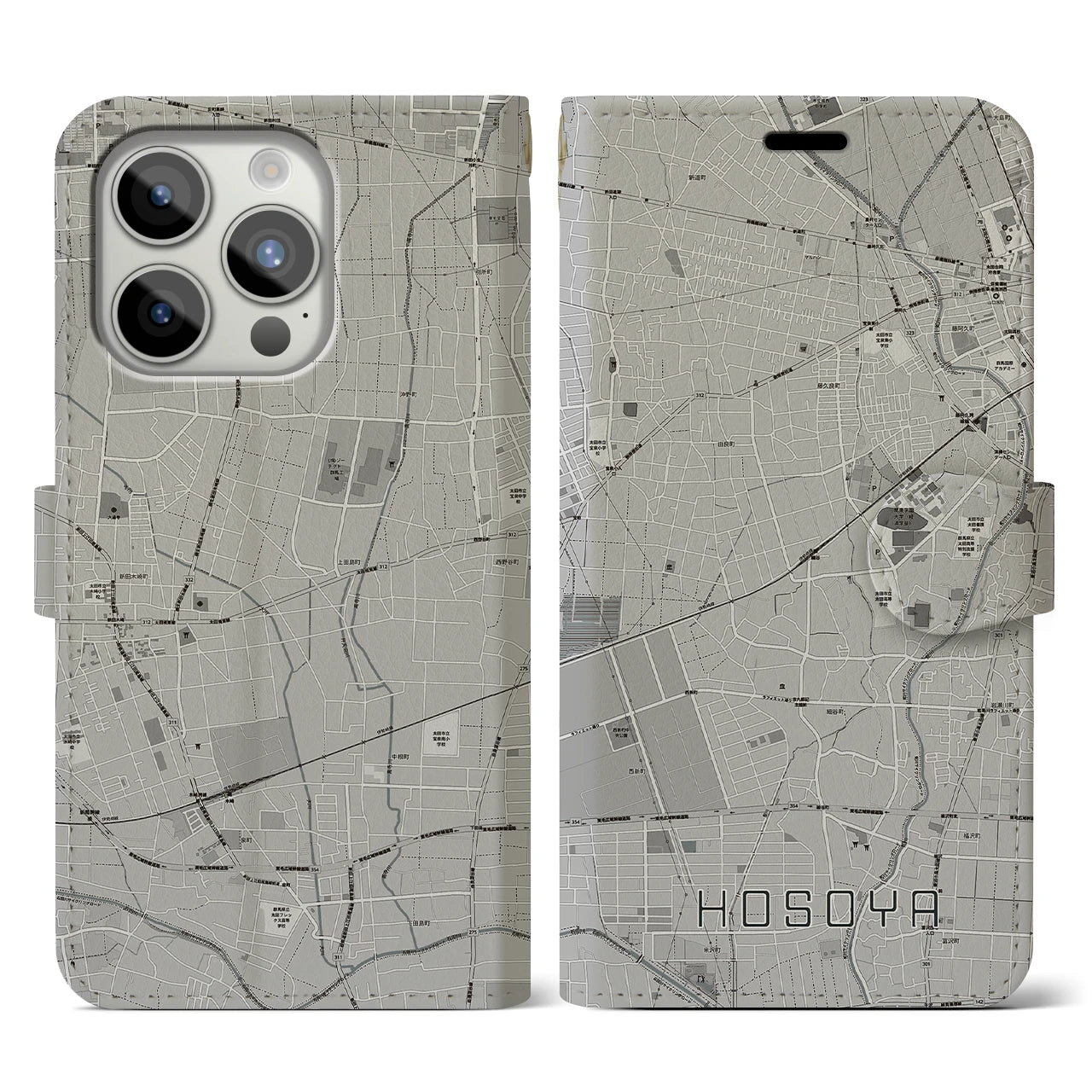 【細谷(群馬県)】地図柄iPhoneケース(手帳タイプ)モノトーン・iPhone 15 Pro 用