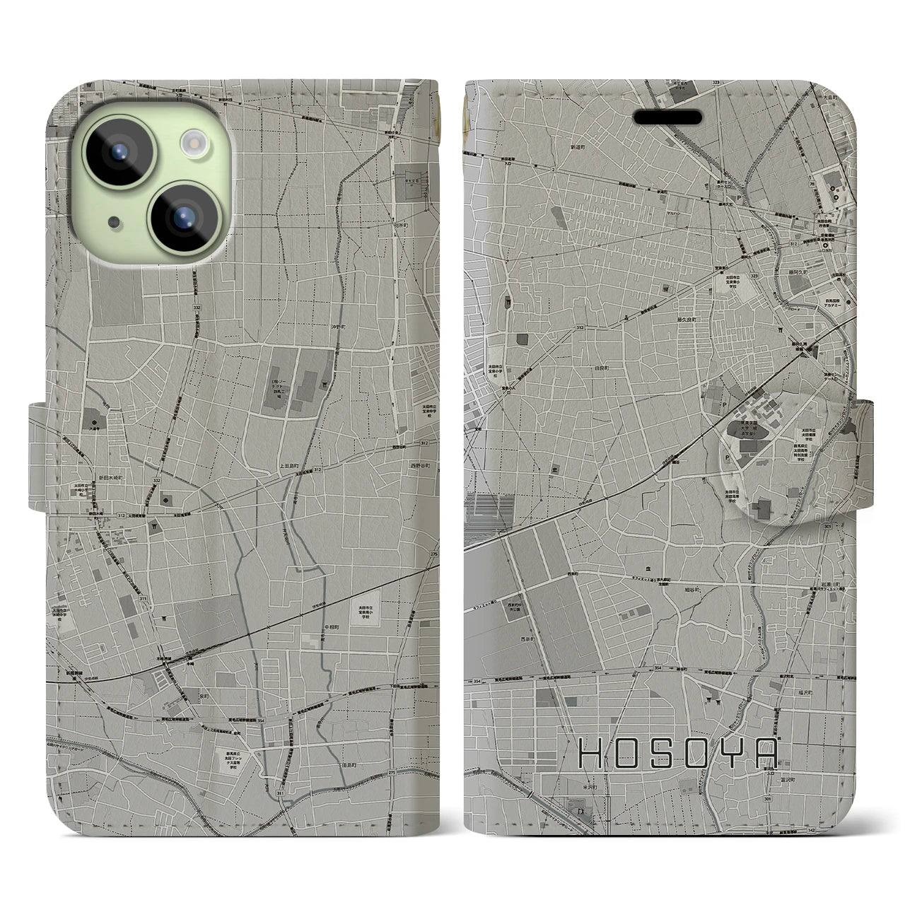 【細谷(群馬県)】地図柄iPhoneケース(手帳タイプ)モノトーン・iPhone 15 用