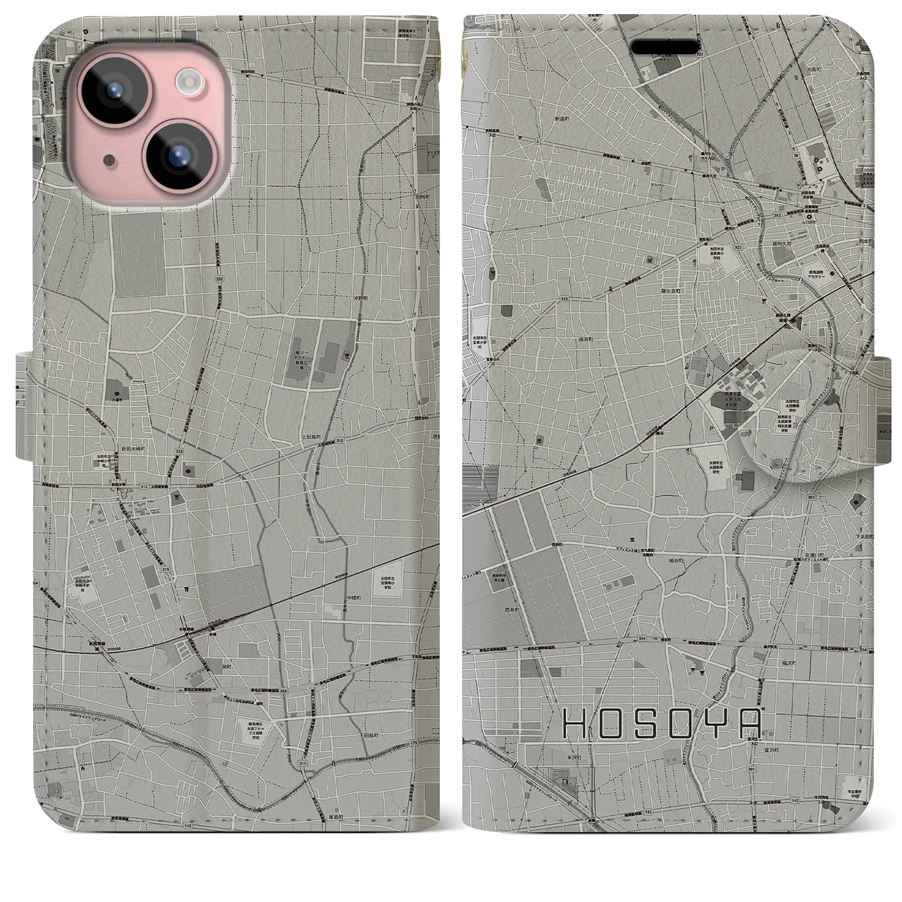 【細谷(群馬県)】地図柄iPhoneケース(手帳タイプ)モノトーン・iPhone 15 Plus 用
