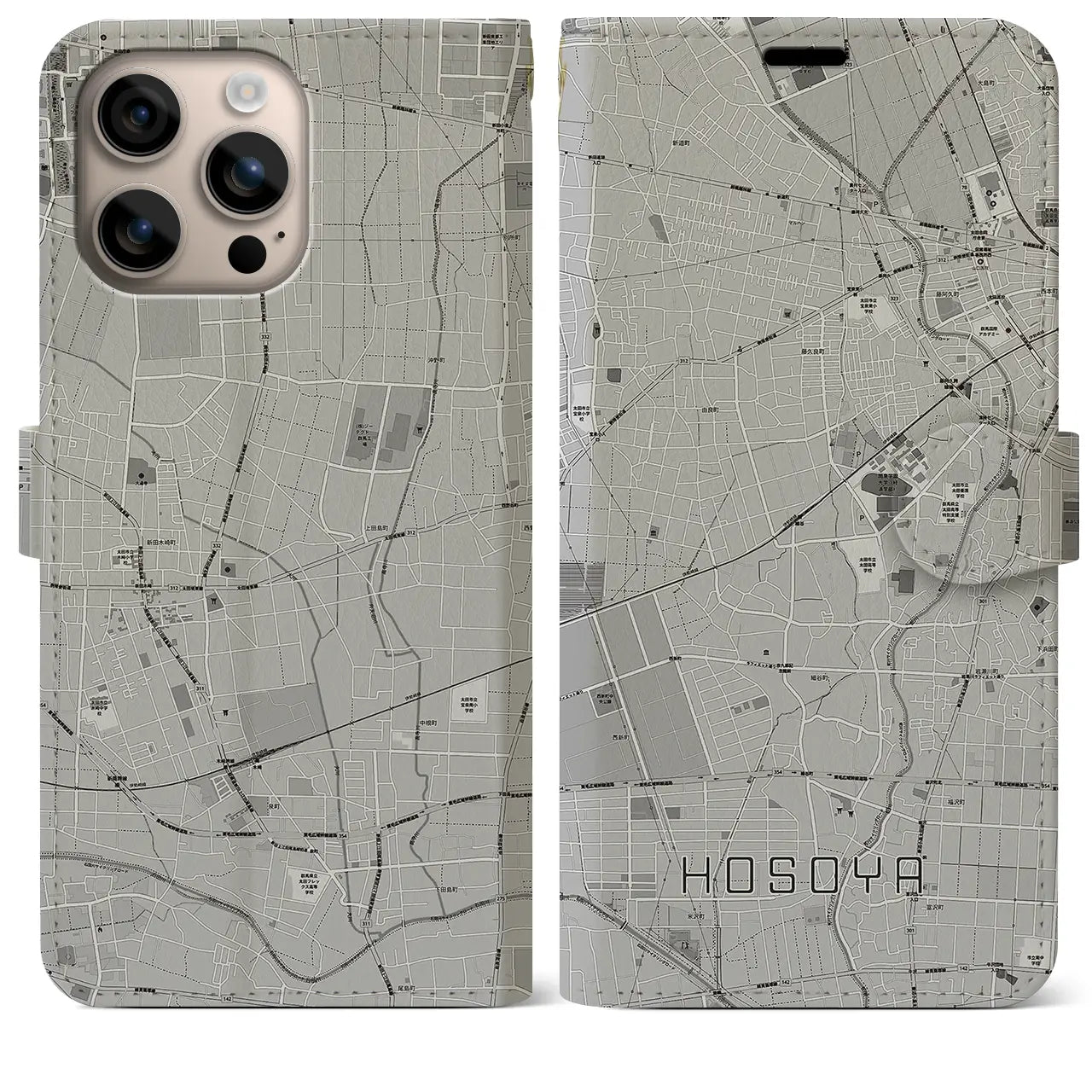 【細谷(群馬県)】地図柄iPhoneケース(手帳タイプ)モノトーン・iPhone 16 Plus 用