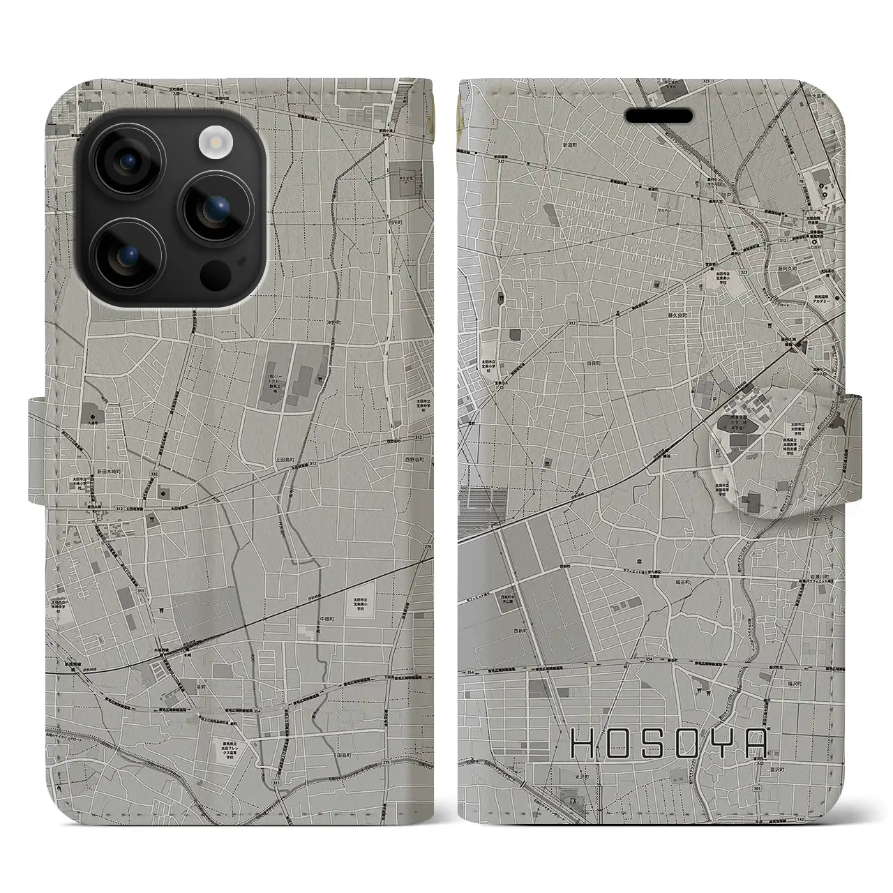 【細谷(群馬県)】地図柄iPhoneケース(手帳タイプ)モノトーン・iPhone 16 用