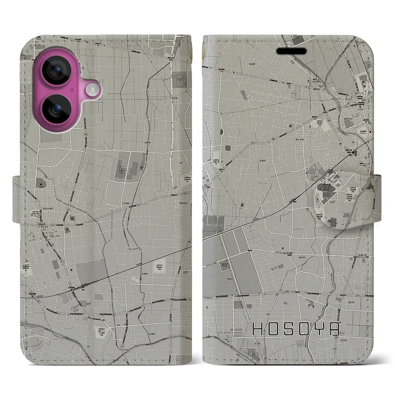 【細谷(群馬県)】地図柄iPhoneケース(手帳タイプ)モノトーン・iPhone 16 Pro 用