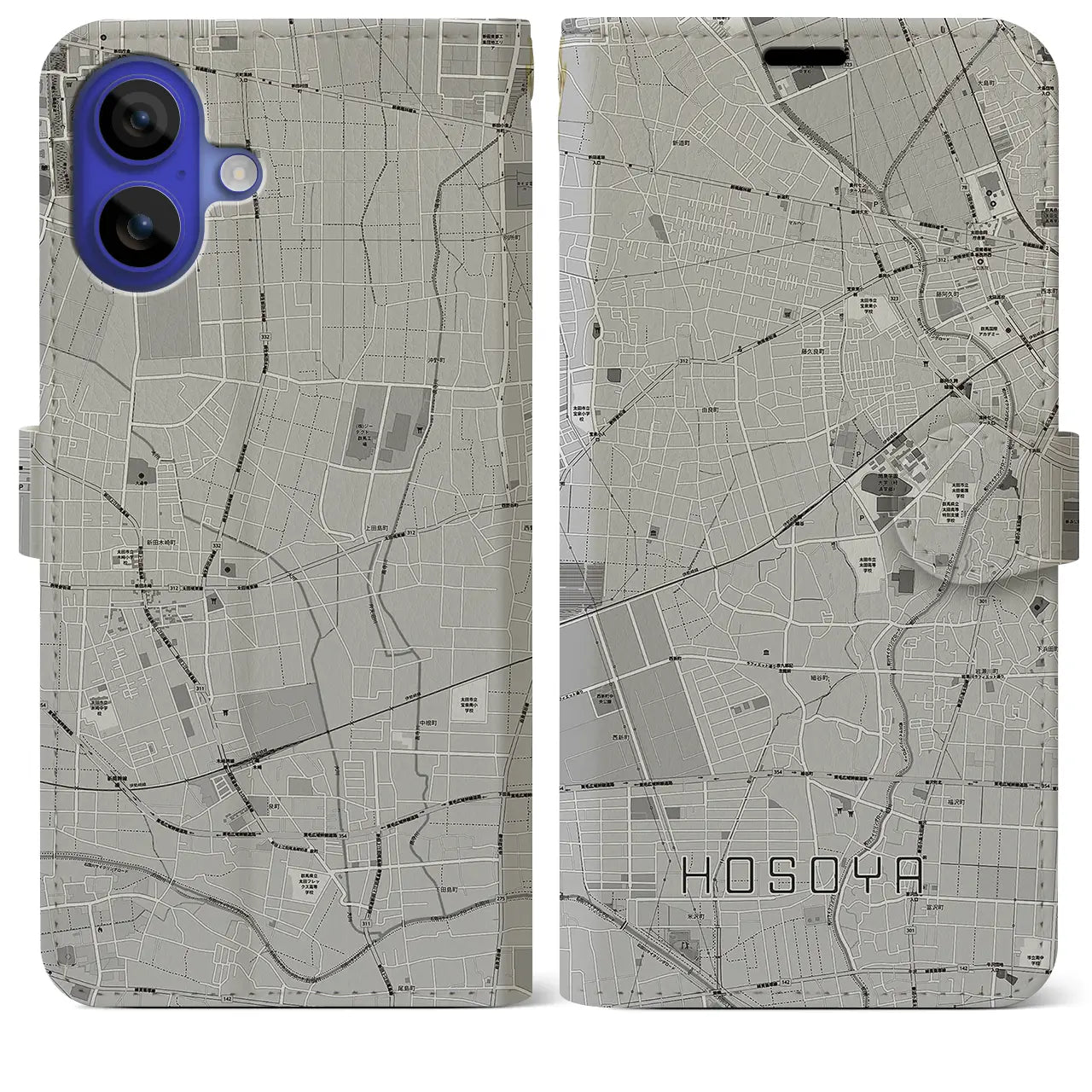 【細谷(群馬県)】地図柄iPhoneケース(手帳タイプ)モノトーン・iPhone 16 Pro Max 用