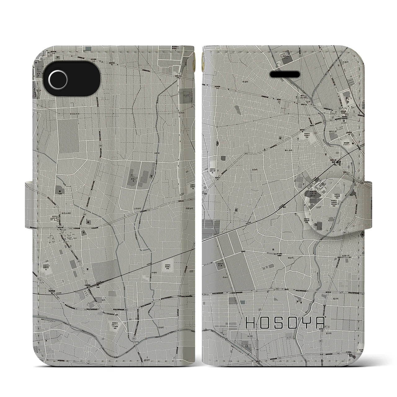 【細谷(群馬県)】地図柄iPhoneケース(手帳タイプ)モノトーン・iPhone SE(第3 / 第2世代) / 8 / 7 / 6s / 6 用