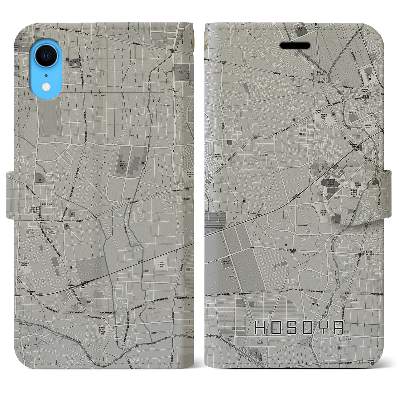 【細谷(群馬県)】地図柄iPhoneケース(手帳タイプ)モノトーン・iPhone XR 用