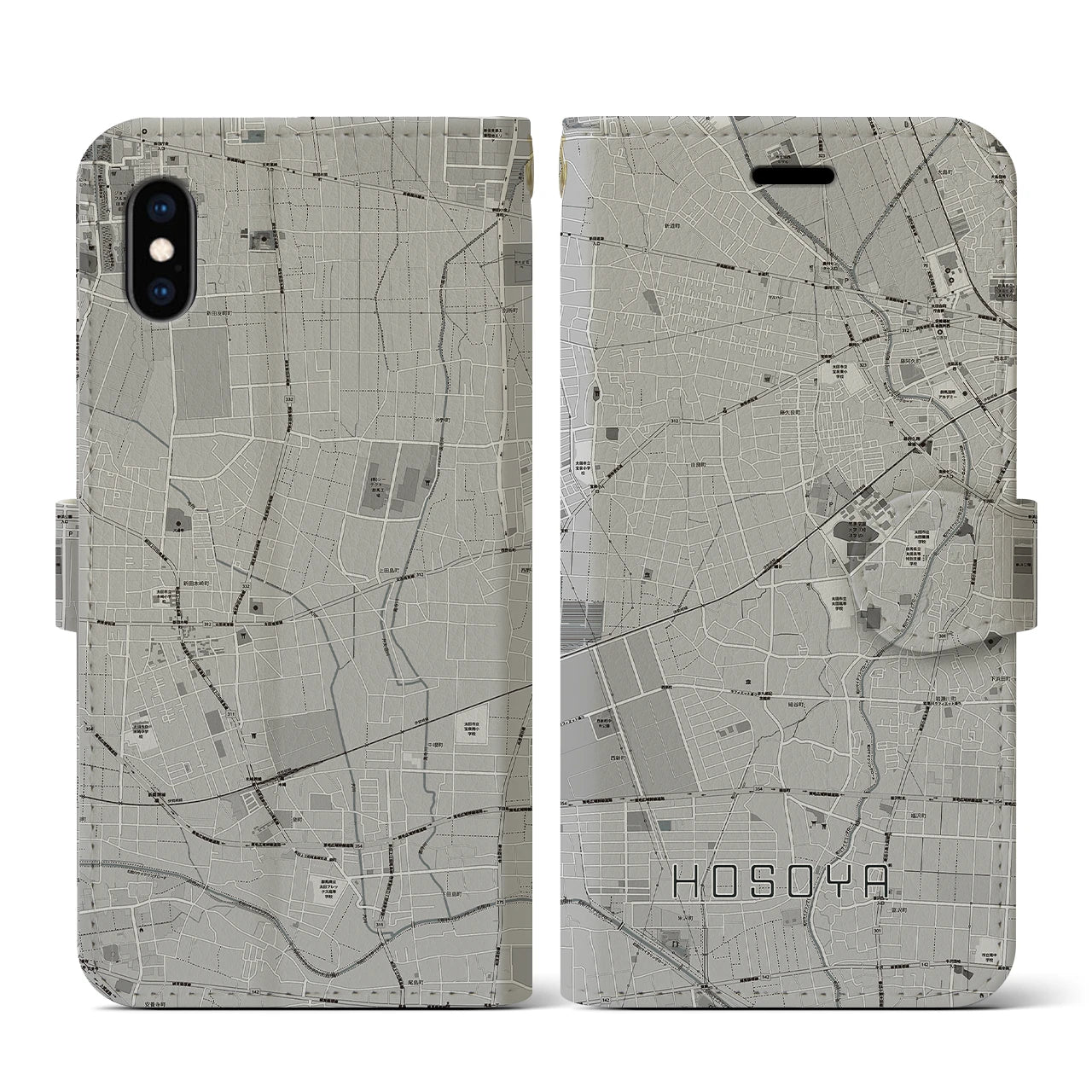 【細谷(群馬県)】地図柄iPhoneケース(手帳タイプ)モノトーン・iPhone XS / X 用