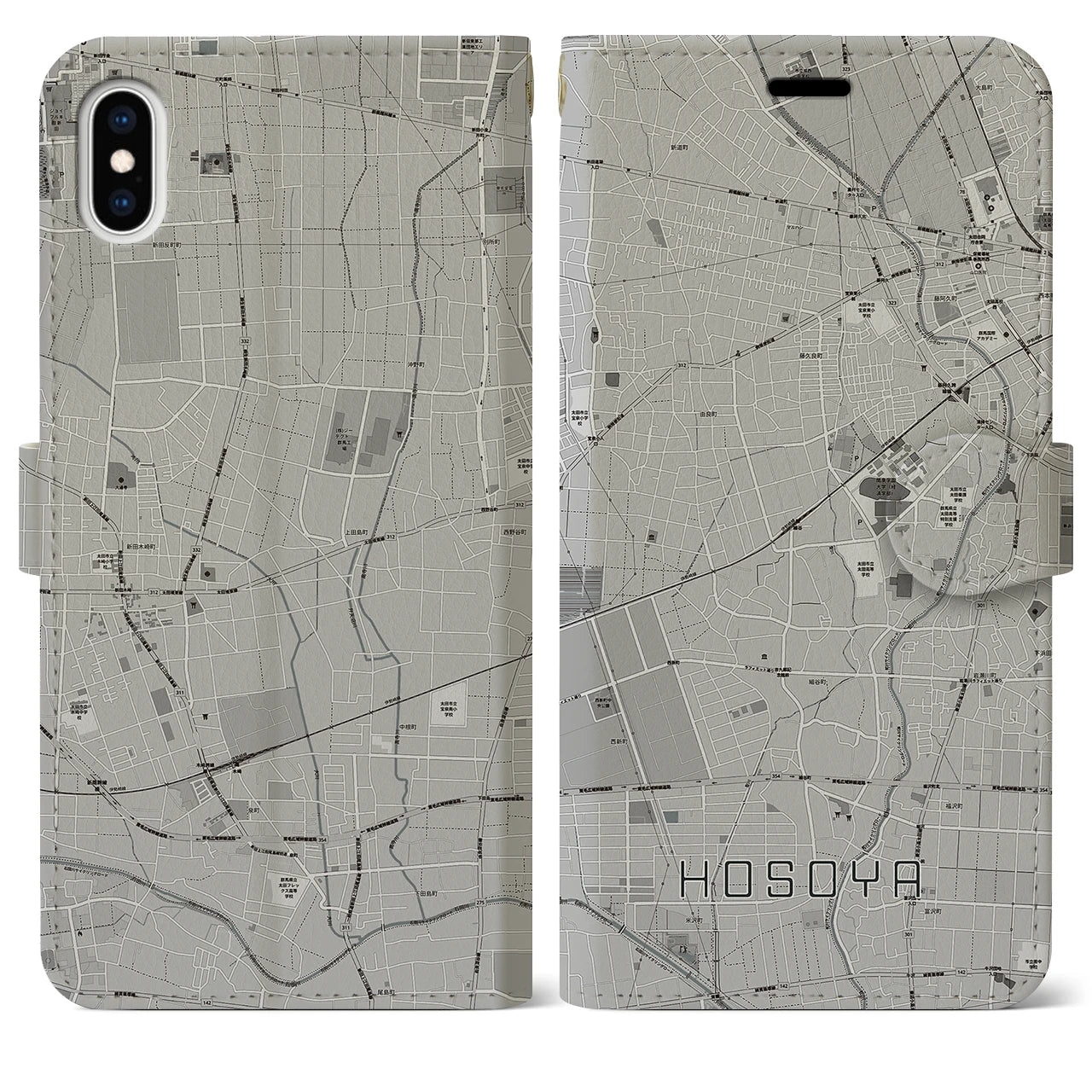 【細谷(群馬県)】地図柄iPhoneケース(手帳タイプ)モノトーン・iPhone XS Max 用
