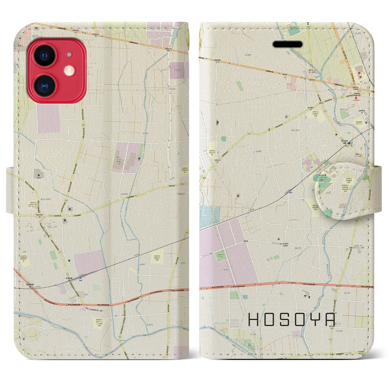 【細谷(群馬県)】地図柄iPhoneケース(手帳タイプ)ナチュラル・iPhone 11 用