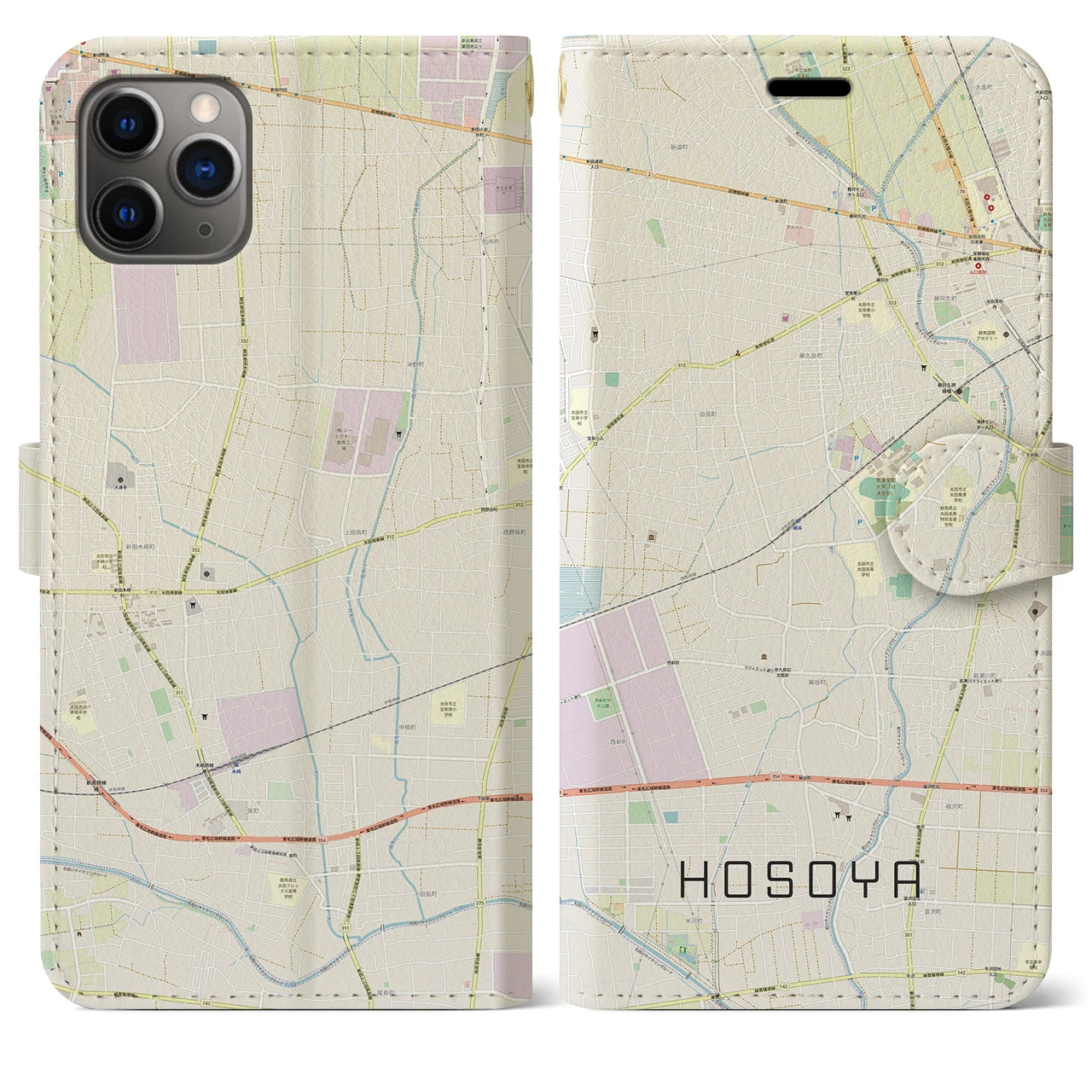 【細谷(群馬県)】地図柄iPhoneケース(手帳タイプ)ナチュラル・iPhone 11 Pro Max 用