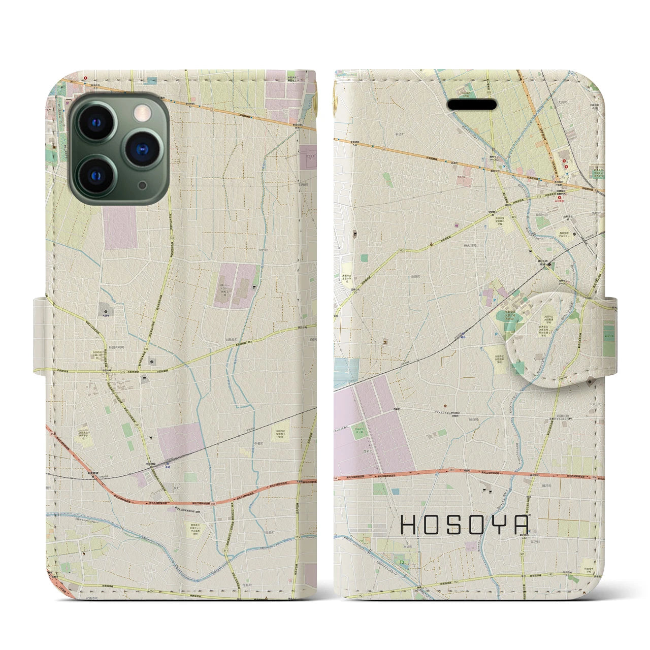 【細谷(群馬県)】地図柄iPhoneケース(手帳タイプ)ナチュラル・iPhone 11 Pro 用