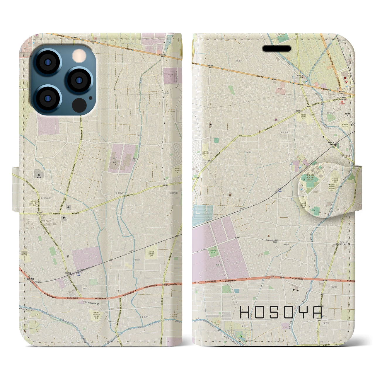 【細谷(群馬県)】地図柄iPhoneケース(手帳タイプ)ナチュラル・iPhone 12 / 12 Pro 用