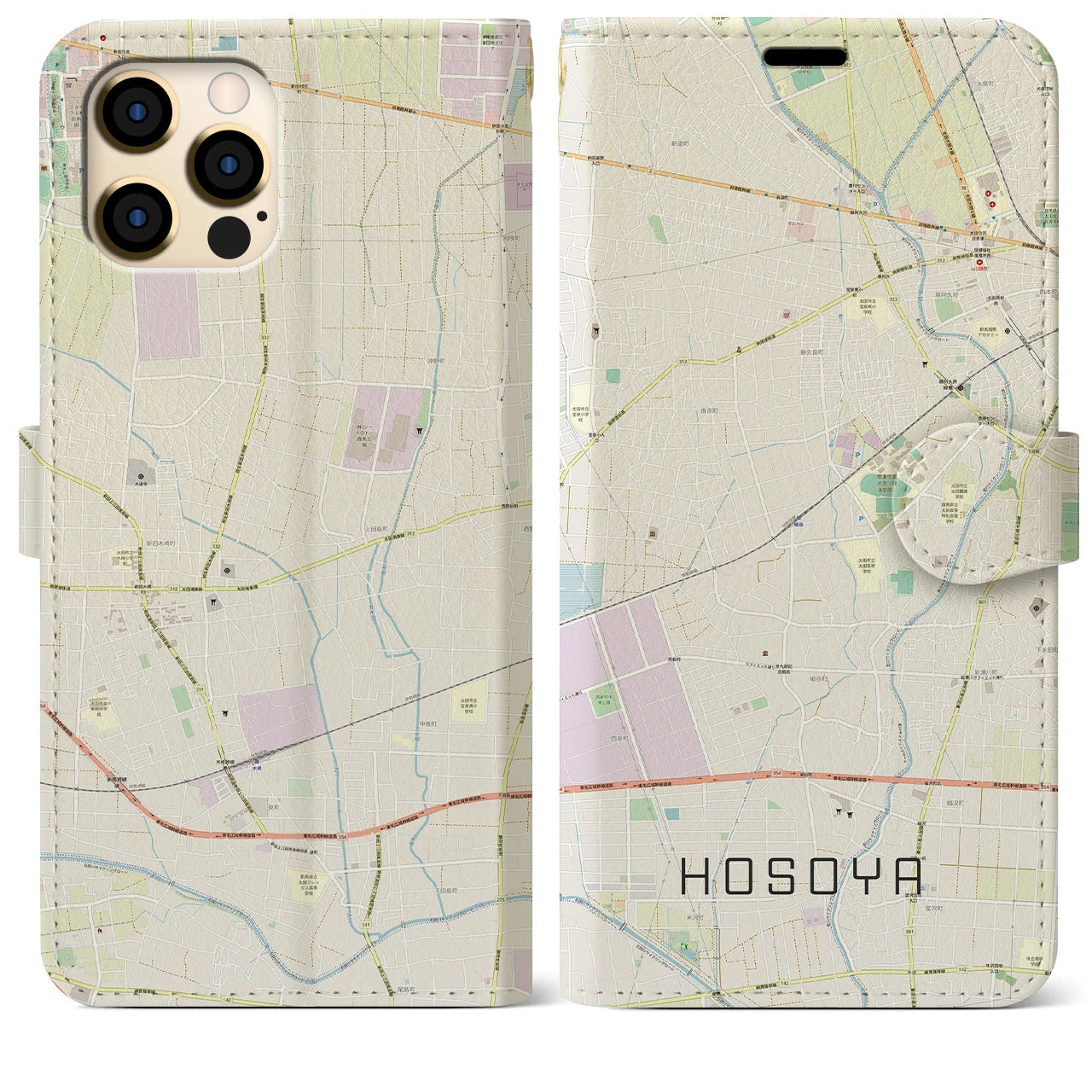 【細谷(群馬県)】地図柄iPhoneケース(手帳タイプ)ナチュラル・iPhone 12 Pro Max 用