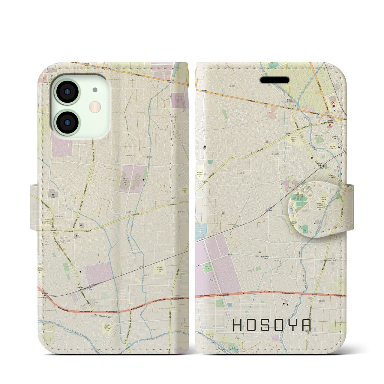 【細谷(群馬県)】地図柄iPhoneケース(手帳タイプ)ナチュラル・iPhone 12 mini 用