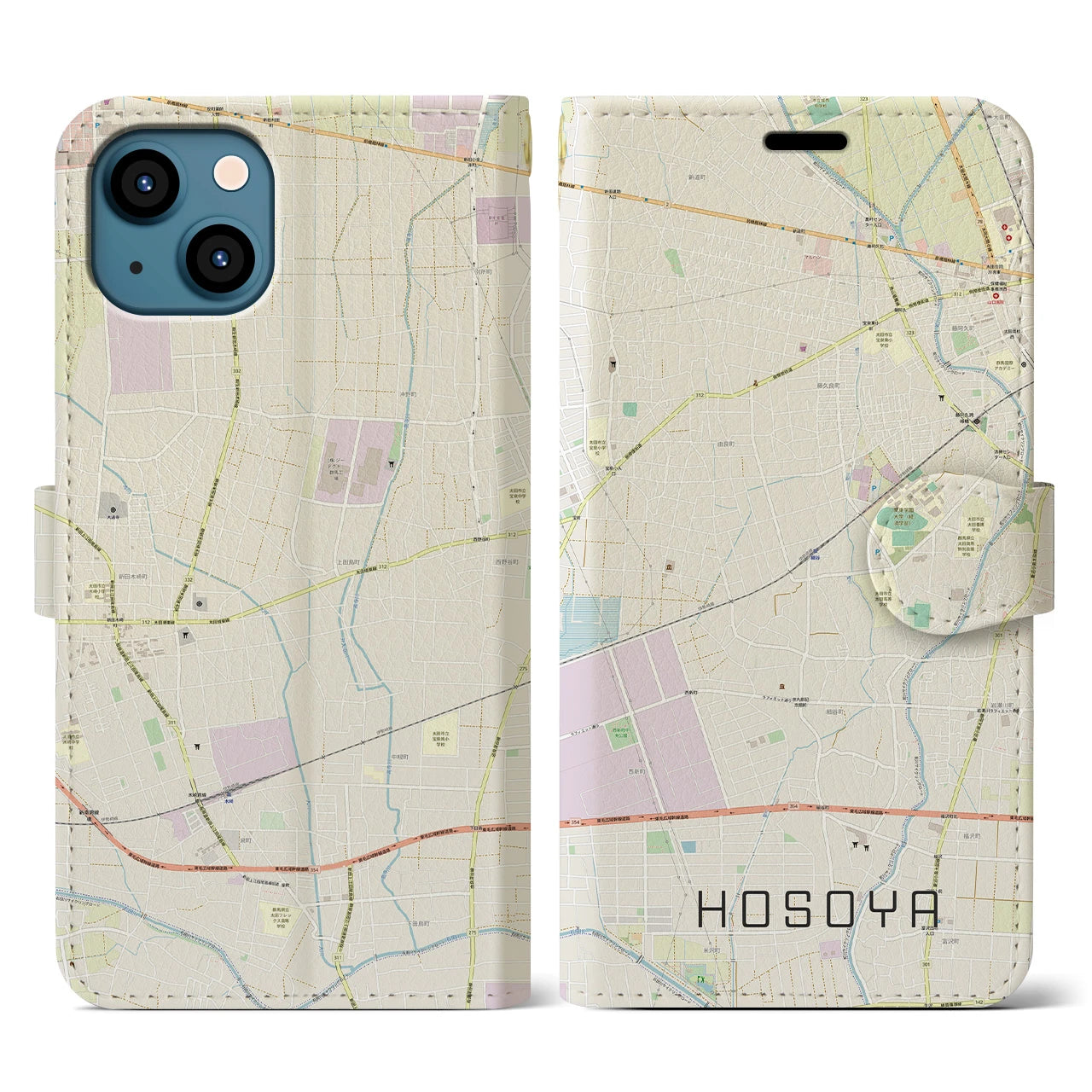 【細谷(群馬県)】地図柄iPhoneケース(手帳タイプ)ナチュラル・iPhone 13 用