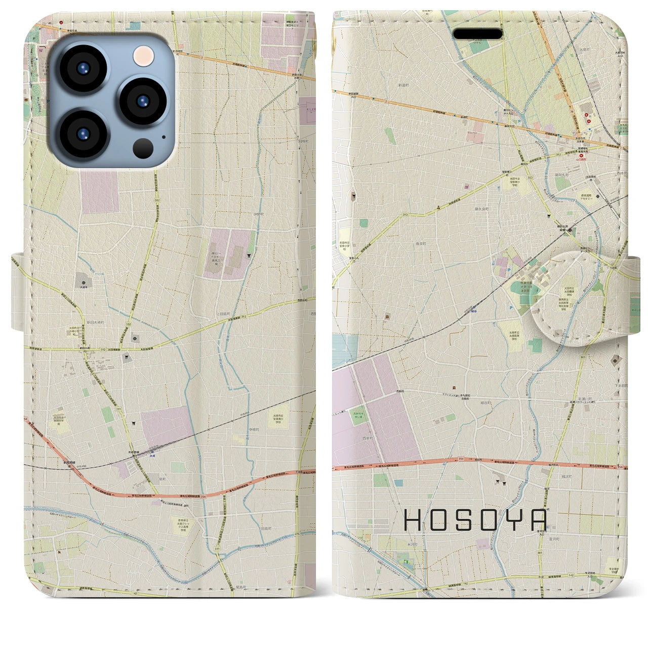 【細谷(群馬県)】地図柄iPhoneケース(手帳タイプ)ナチュラル・iPhone 13 Pro Max 用
