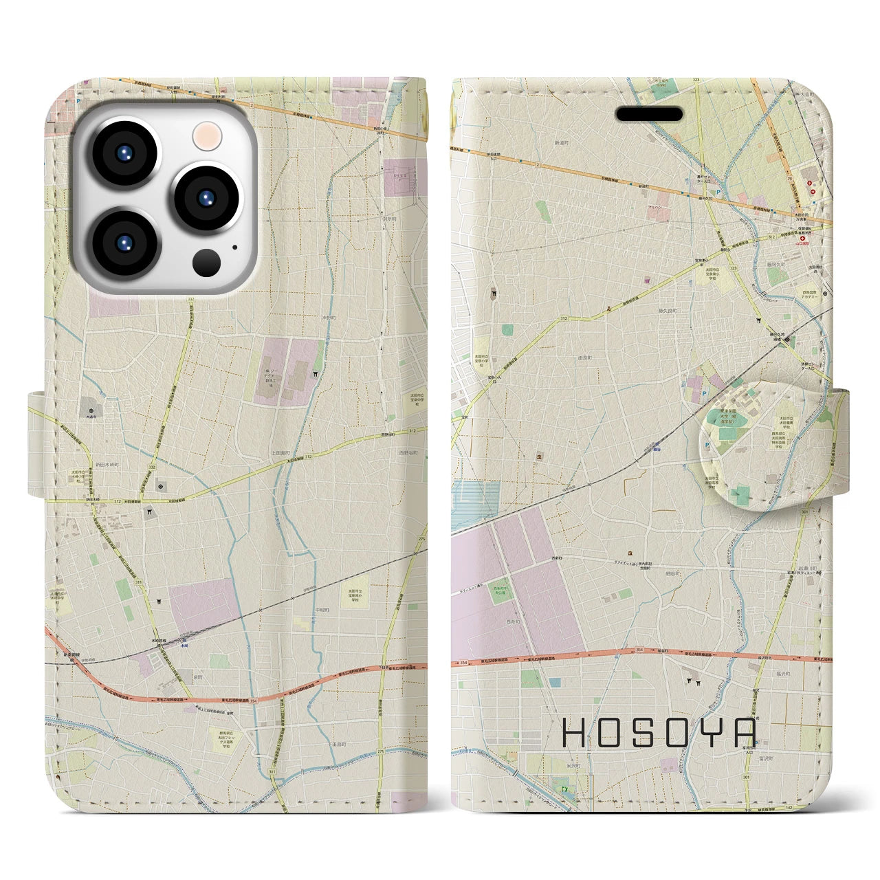 【細谷(群馬県)】地図柄iPhoneケース(手帳タイプ)ナチュラル・iPhone 13 Pro 用