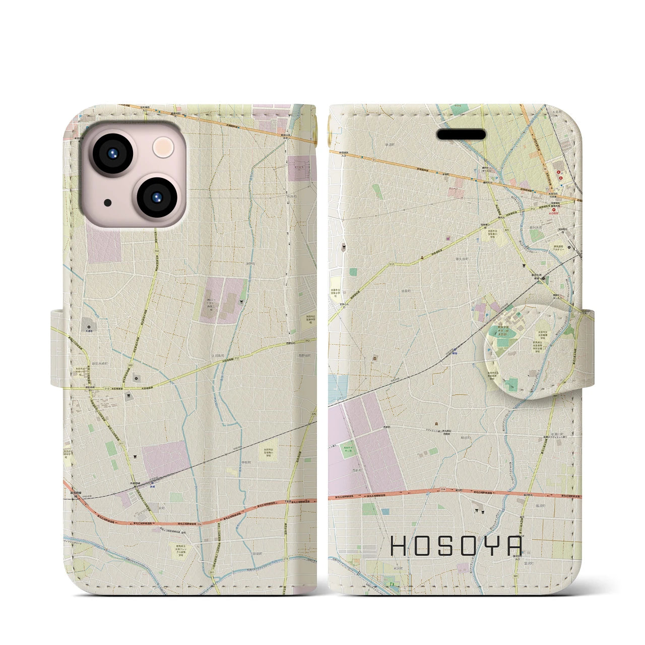 【細谷(群馬県)】地図柄iPhoneケース(手帳タイプ)ナチュラル・iPhone 13 mini 用