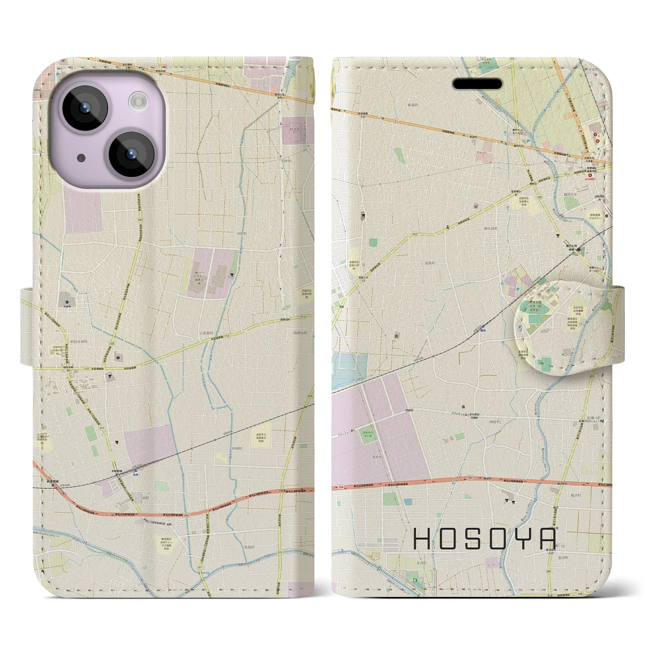 【細谷(群馬県)】地図柄iPhoneケース(手帳タイプ)ナチュラル・iPhone 14 用