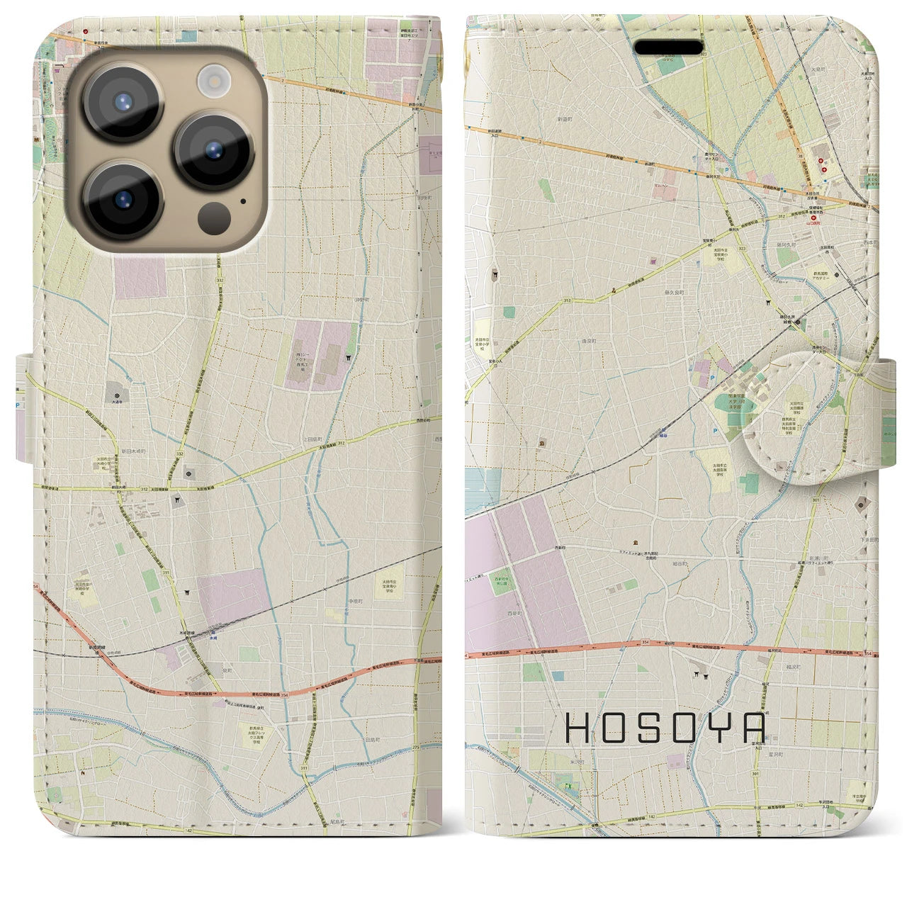 【細谷(群馬県)】地図柄iPhoneケース(手帳タイプ)ナチュラル・iPhone 14 Pro Max 用