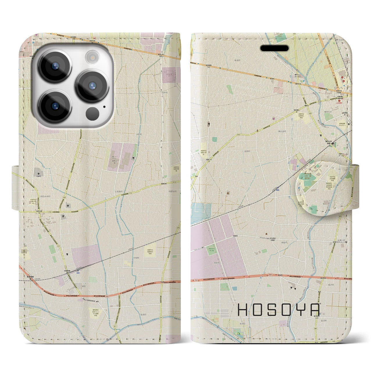 【細谷(群馬県)】地図柄iPhoneケース(手帳タイプ)ナチュラル・iPhone 14 Pro 用
