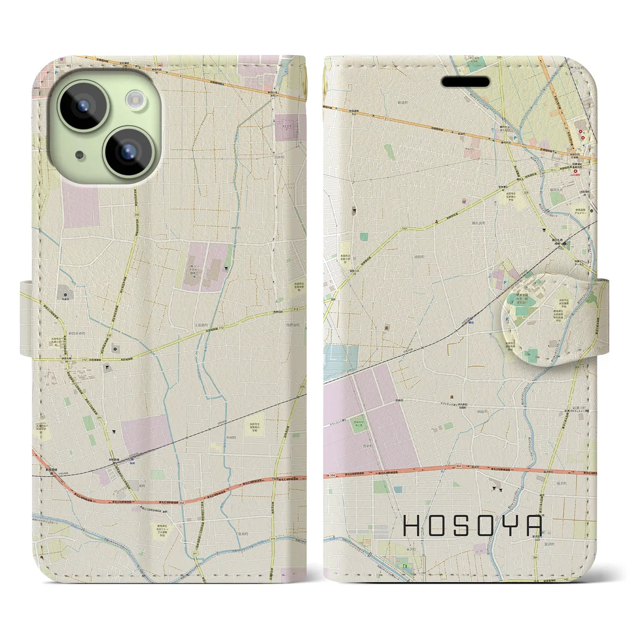 【細谷(群馬県)】地図柄iPhoneケース(手帳タイプ)ナチュラル・iPhone 15 用