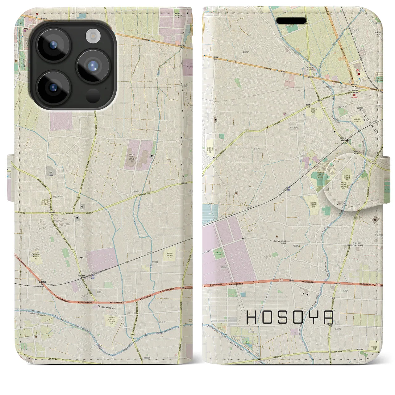 【細谷(群馬県)】地図柄iPhoneケース(手帳タイプ)ナチュラル・iPhone 15 Pro Max 用
