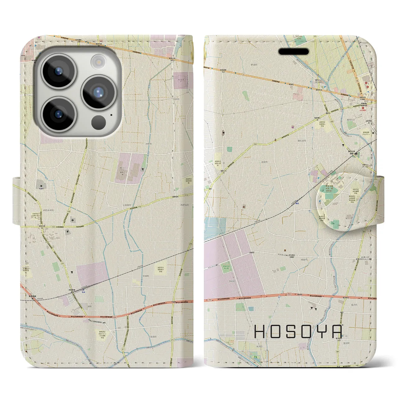 【細谷(群馬県)】地図柄iPhoneケース(手帳タイプ)ナチュラル・iPhone 15 Pro 用