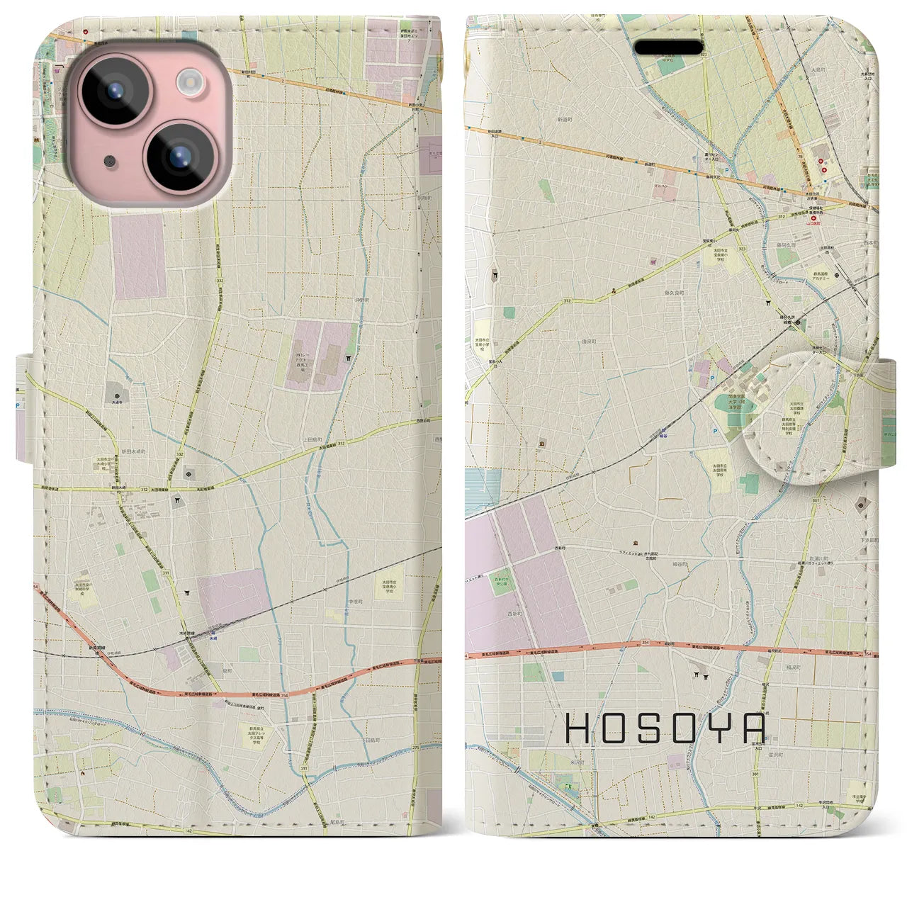 【細谷(群馬県)】地図柄iPhoneケース(手帳タイプ)ナチュラル・iPhone 15 Plus 用