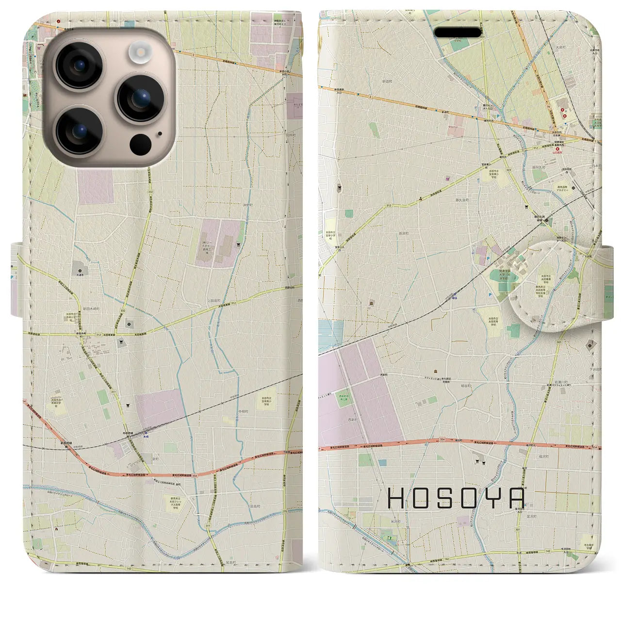 【細谷(群馬県)】地図柄iPhoneケース(手帳タイプ)ナチュラル・iPhone 16 Plus 用