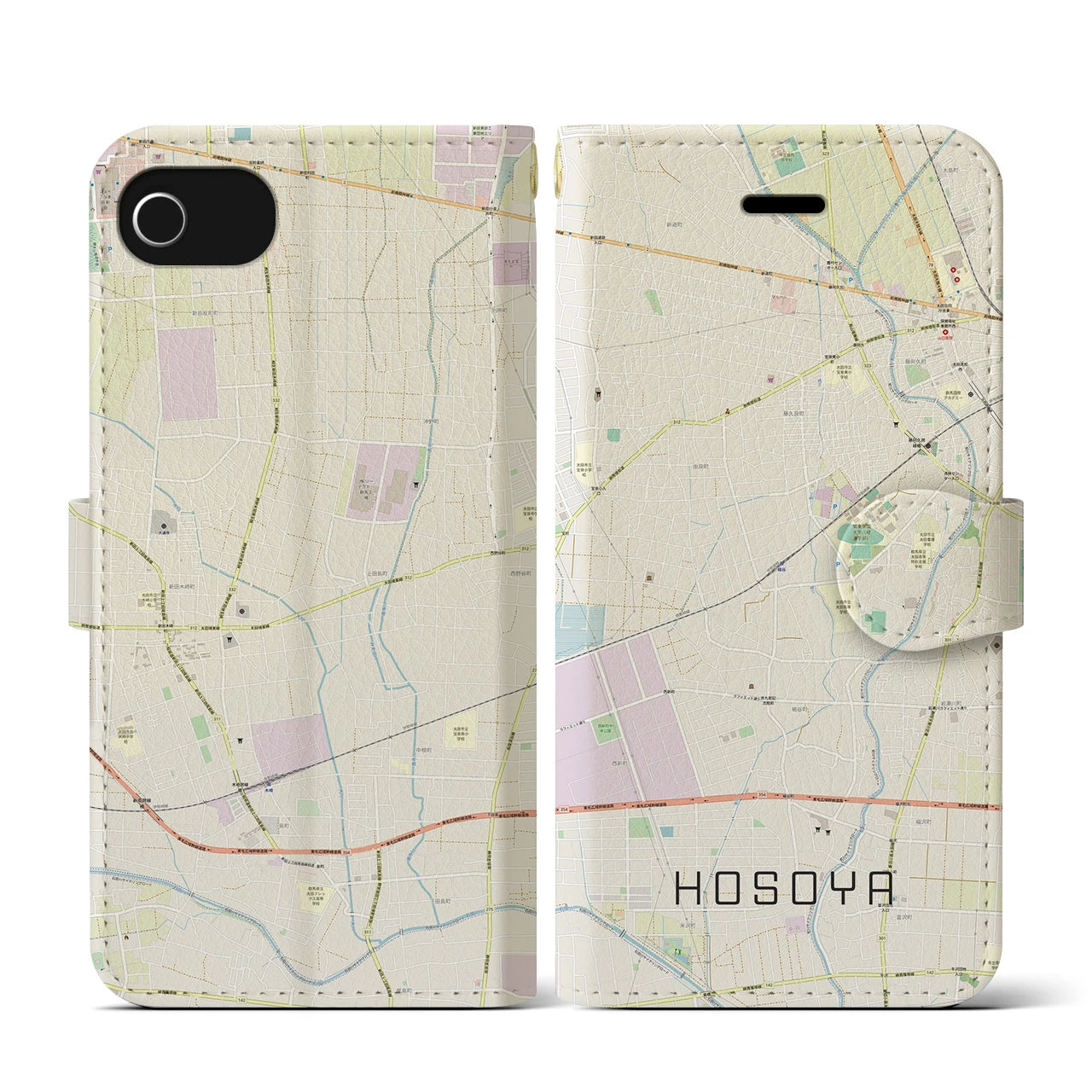 【細谷(群馬県)】地図柄iPhoneケース(手帳タイプ)ナチュラル・iPhone SE(第3 / 第2世代) / 8 / 7 / 6s / 6 用