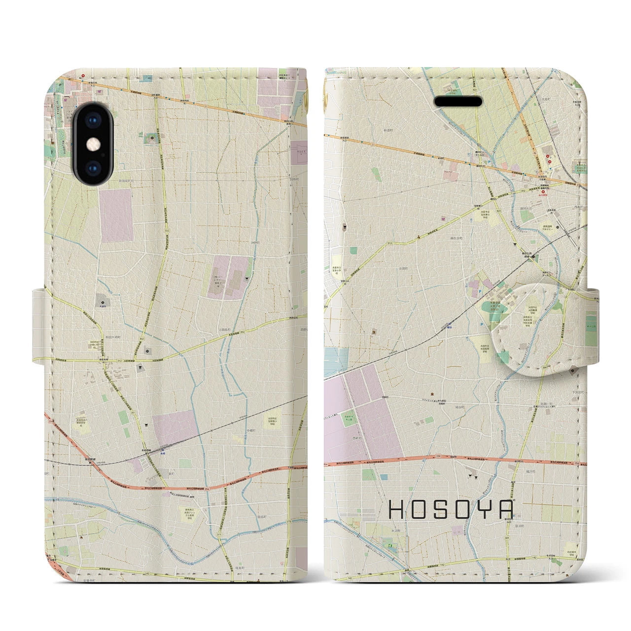 【細谷(群馬県)】地図柄iPhoneケース(手帳タイプ)ナチュラル・iPhone XS / X 用
